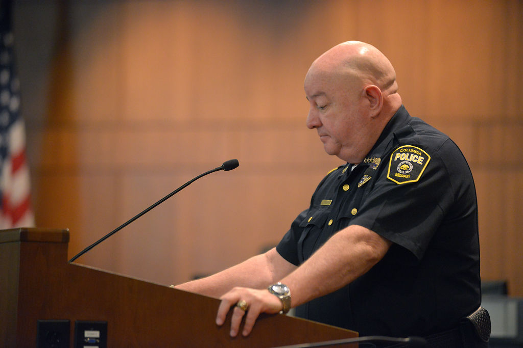 Columbia Police Chief Ken Burton speaks to media